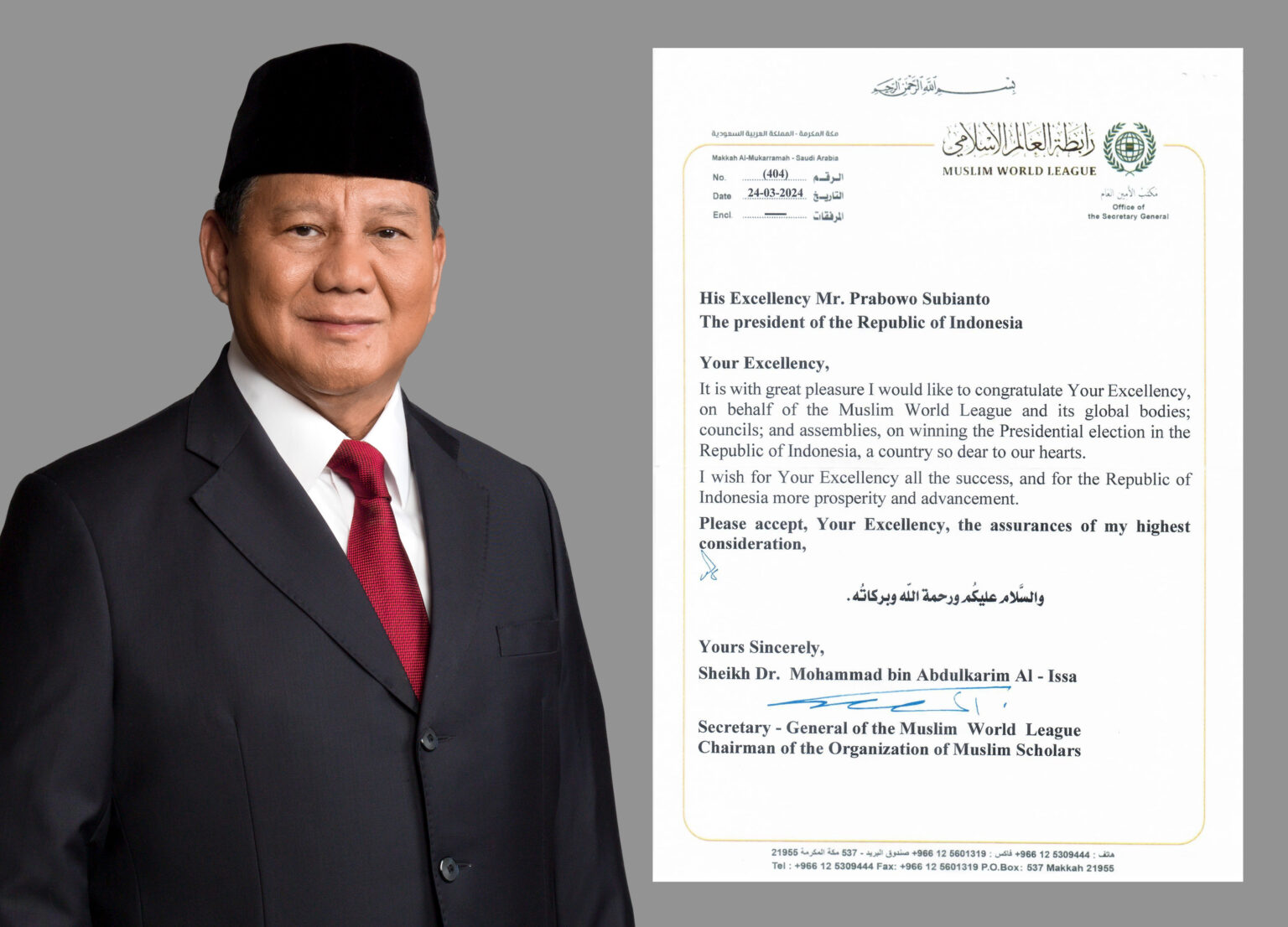 World Muslim League Extends Congratulations to Prabowo Subianto for Presidential Win